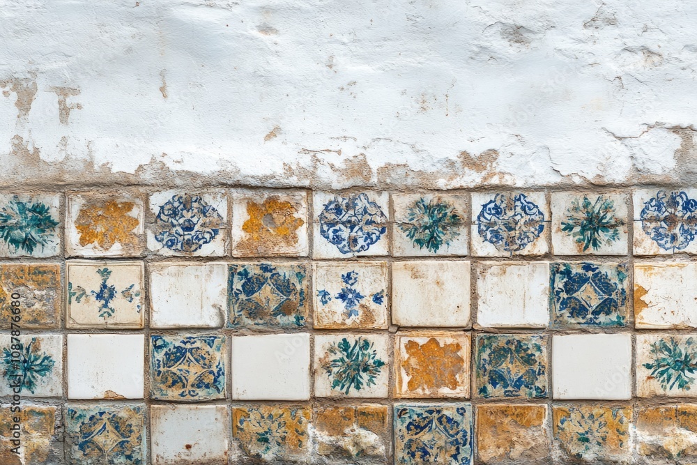 Aufkleber A close-up view of a wall covered with various tiles, suitable for use in interior design or architecture projects