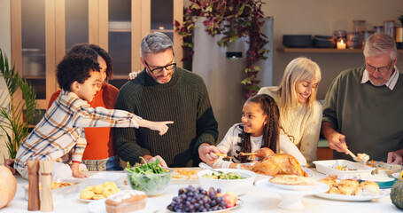 Big family, celebration and thanksgiving dinner with kids, festive holiday and food for vacation....