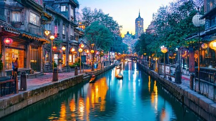 a digital painting of a river running through a neon night city in retrofuturism 4K Video