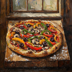 still life oil painting of a colorful veggie pizza placed near a rustic window, evoking a cozy home vibe
