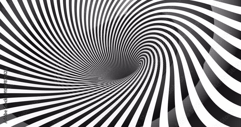 Poster striped spiral abstract tunnel background. optical illusion funnel. twisted beams rotation animation