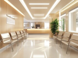 Fototapeta premium Modern Clinic Waiting Area With Light Wood And Cream Chairs