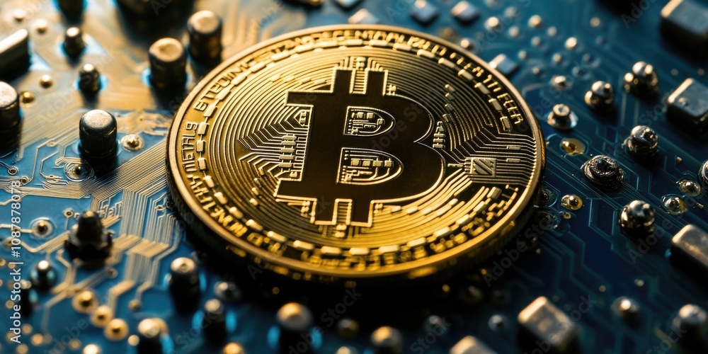 Poster A bitcoin token sitting on top of a digital circuit board, possibly used in a cryptocurrency mining setup or for display