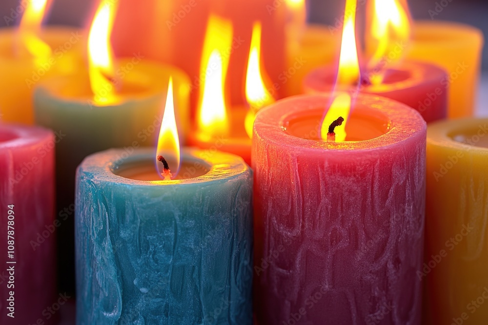 Poster A close-up view of a group of lit candles, perfect for capturing attention and adding ambiance to any setting