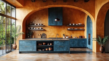 Here's a description and keywords for the image.. Sunlit Mediterranean kitchen with arched alcoves, teal cabinetry, and terracotta floors.