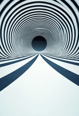 Striking abstract tunnel design with swirling patterns and clear blue sky in the background