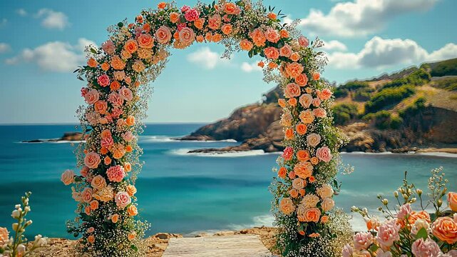 Floral archway frames ocean view perfect for beach wedding ceremony, generative ai