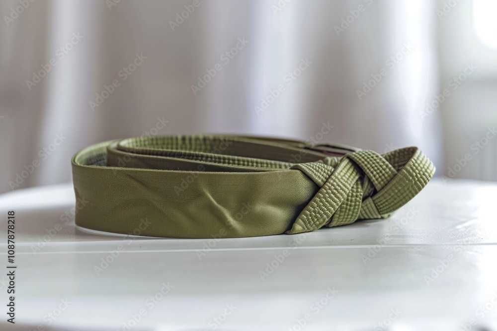 Poster A close-up view of a belt lying on a table with a clean and simple background