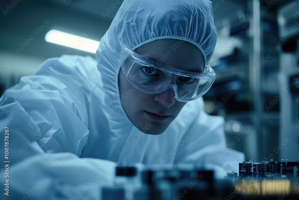 Poster a woman in a lab coat and goggles typing away on a computer, possibly working on a project or coding