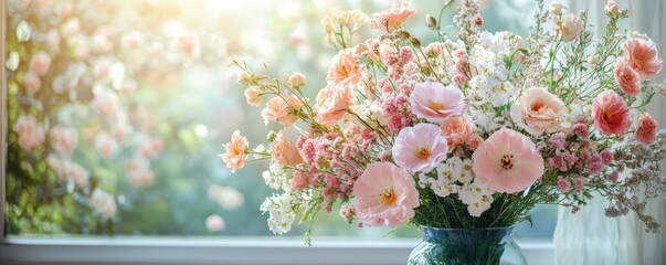 Delicate pastel-colored floral arrangement in a vase.