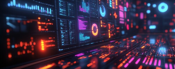 Digital screen displaying a complex grid of data and statistics in neon colors