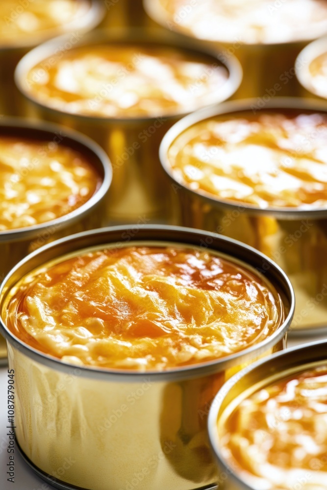 Poster a close-up view of multiple tins of food on a table
