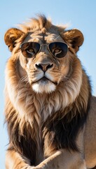 Fototapeta premium portrait of a lion wearing sunglasses to express leadership and charisma. Concept leadership roles and social charisma