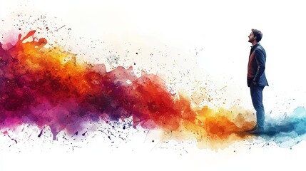 A silhouette of a man stands before a vibrant splash of colors, symbolizing creativity and inspiration.