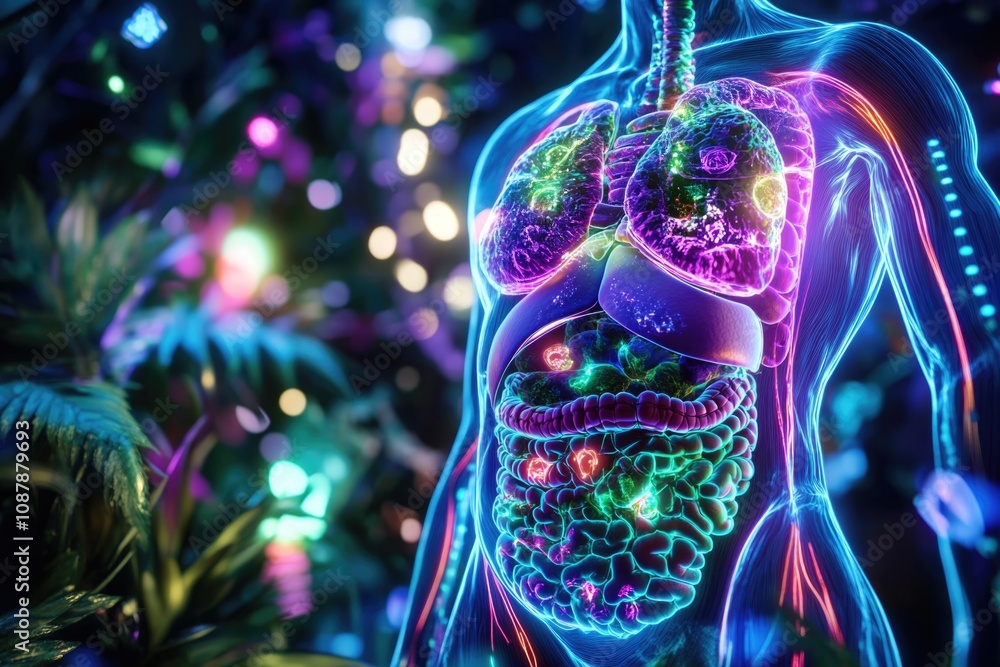 Poster a person's upper body illuminated by glowing lights in the background