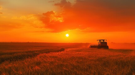 Fototapeta premium Harvest Sunset: Golden Fields and a Lone Combine Harvester