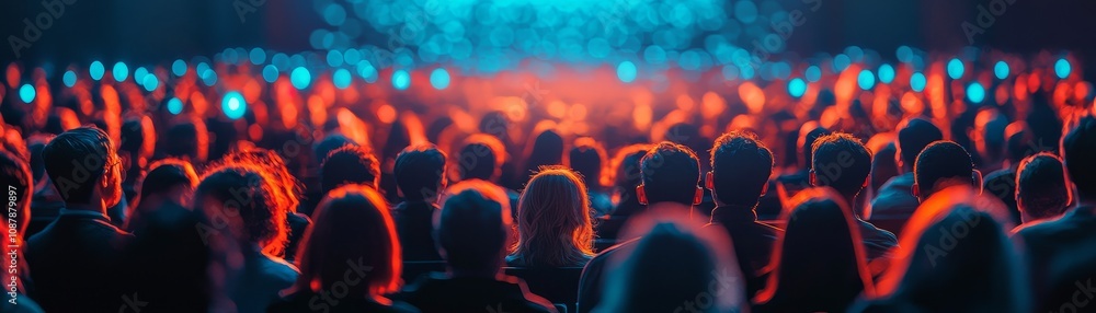 Poster a vibrant crowd illuminated by colorful lights, creating an energetic atmosphere at a live event or 