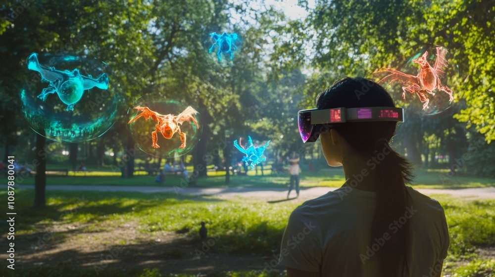 Aufkleber in a lively park on a bright afternoon, an individual interacts with colorful holograms floating in 
