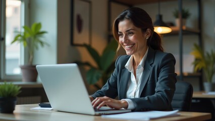 Professional woman smiling while working on a laptop in a modern office during daytime hours