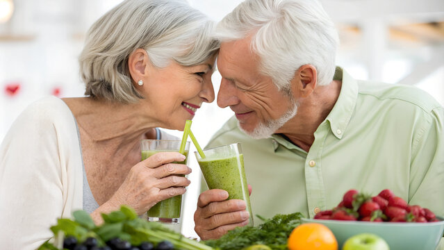 Gl&uuml;ckliches &auml;lteres P&auml;rchen mit Gr&uuml;nen Smoothies in der Hand herzlich l&auml;chelnd einander zugewandt. Vor hellem Hintergrund