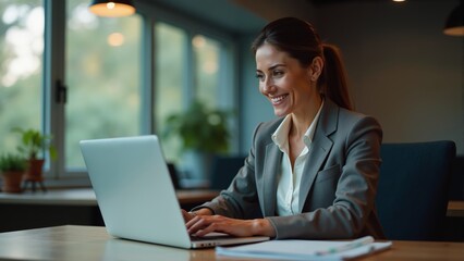 Professional woman smiling while working on a laptop in a modern office during daytime hours