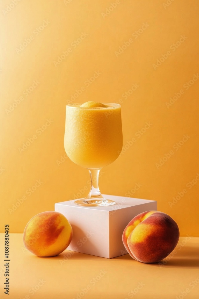 Poster refreshing peach smoothie in a glass with fresh peaches on a minimalistic table setting