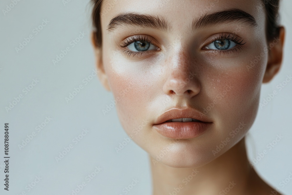 Poster a close-up shot of a woman's face with visible freckles, suitable for use in personal or professiona
