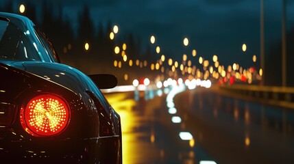 A vehicle traveling along a road in the evening hours