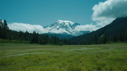 Fototapeta premium Mountain, rivers, beautiful flowers, ice, big trees, leaves, snow, beautiful scenario, valley, lake