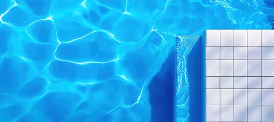 Overhead view of a white tiled pool deck next to sparkling blue water, highlighting clean lines and contrasting textures. Summer Vacation and healthy living concept.