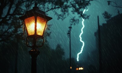 A streetlamp illuminates rain while lightning strikes in background