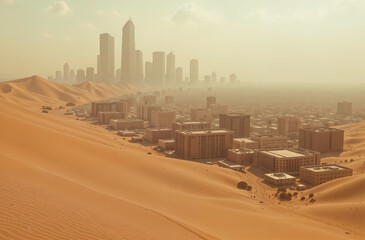view of the metropolis from the desert. desert sands swallow the big city, gradually covering everything with sand. nature takes its toll