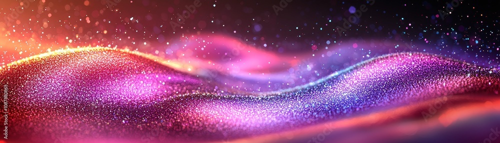 Poster a vibrant, abstract landscape of colorful waves, shimmering with light and particles, creating a mes