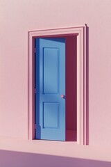 Bright blue door opening to a pastel pink room with soft shadows on the floor