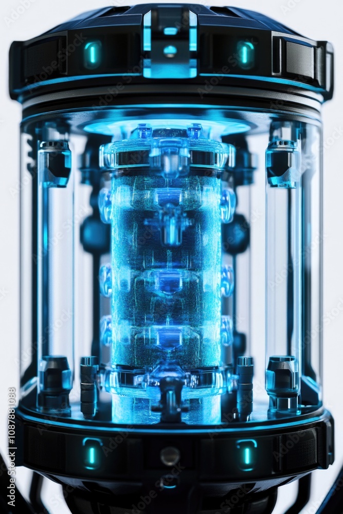 Poster A close-up view of a blue light source inside a machinery component