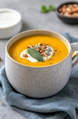 Creamy pumpkin soup garnished with herbs and nuts in a stylish bowl on a light background
