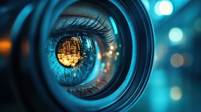 A close-up of a human eye looking through a camera lens, with a reflection of a city skyline in the pupil.