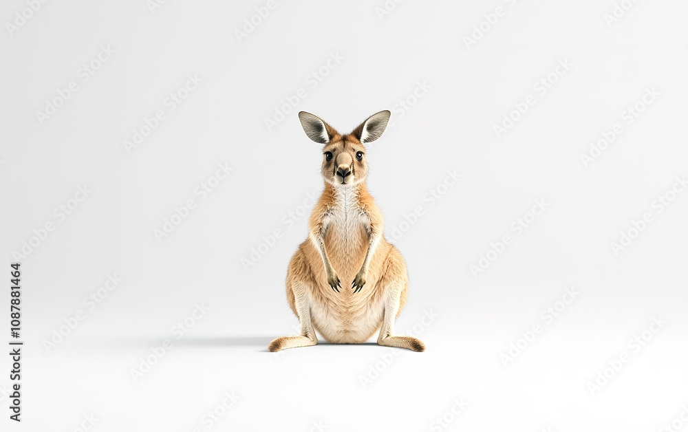 Poster a curious kangaroo sitting upright against a plain white background in a studio setting captured dur
