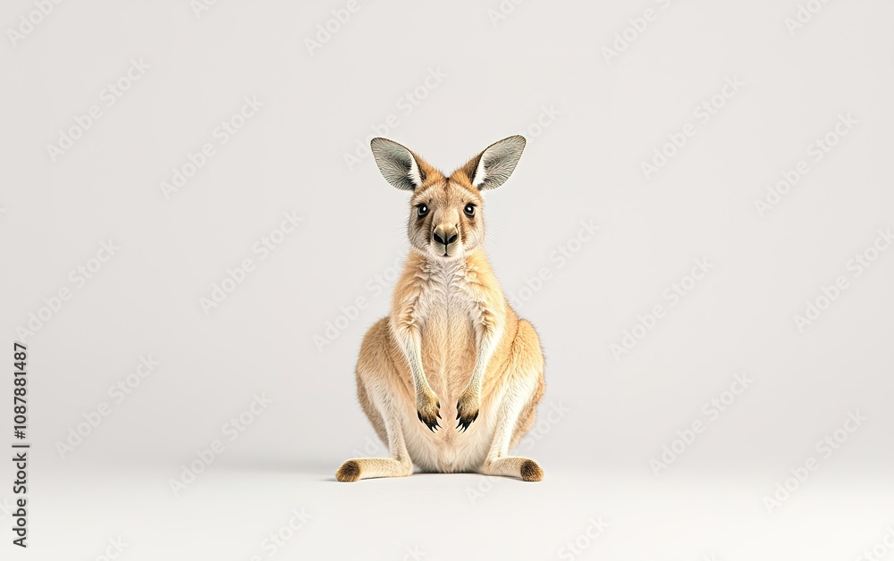 Poster a kangaroo sitting upright with alert ears and a curious expression in a neutral background, showcas