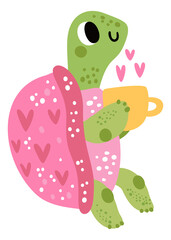 Cute turtle with hot mug. Cozy animal. Lovely character