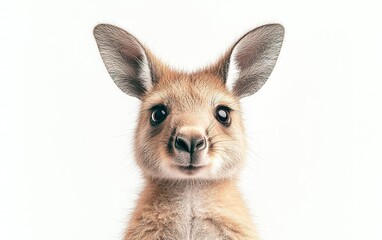 Fototapeta premium Adorable young kangaroo looks curiously at the camera with a playful expression against a plain white background