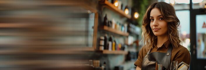 Fototapeta premium Female hairdresser at the salon holding hairdressing tools