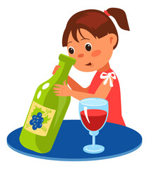 Girl find wine bottle. Cartoon kid alcohol danger
