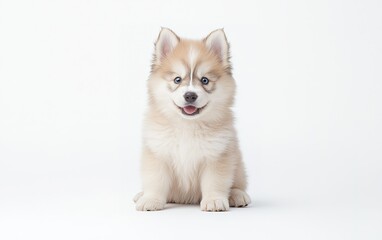 Cute fluffy puppy with blue eyes sitting on white background, looking playful and curious, perfect for animal lovers and pet enthusiasts