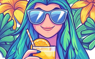 Naklejka premium A girl with vibrant blue hair enjoys a refreshing drink surrounded by tropical leaves and flowers on a sunny day