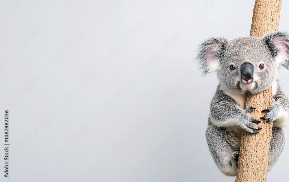 Poster a playful koala clings to a wooden branch while gazing curiously towards the camera in a bright and 