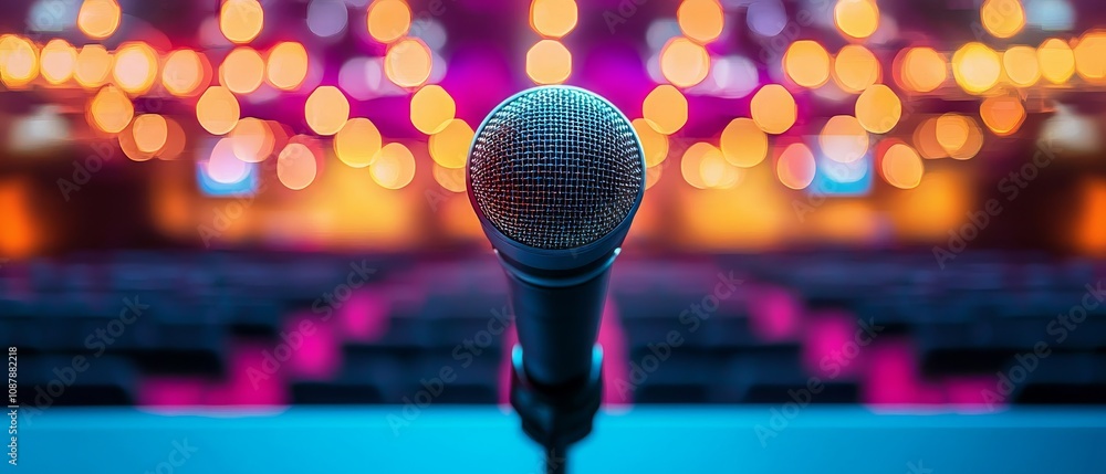 Poster a close-up of a microphone in a vibrant setting, with blurred lights in the background, suggesting a