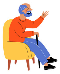 Senior laughing. Old happy man sit in chair