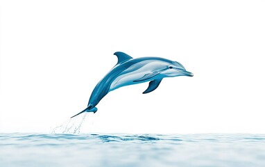 A playful dolphin leaps above the calm ocean surface on a bright sunny day, showcasing its agility and grace in the water