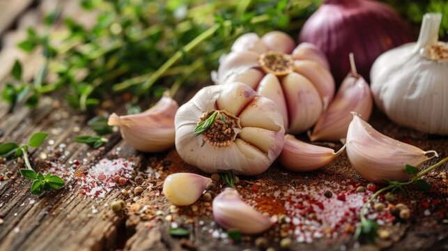 A cluster of garlic bulbs arranged on a wooden surface